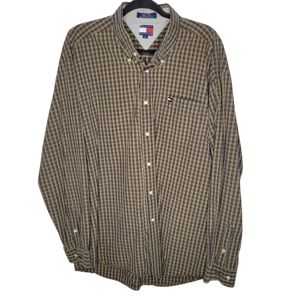 Vintage 90s Tommy Hilfiger Plaid Checkered Button Down Shirt in Yellow Red White